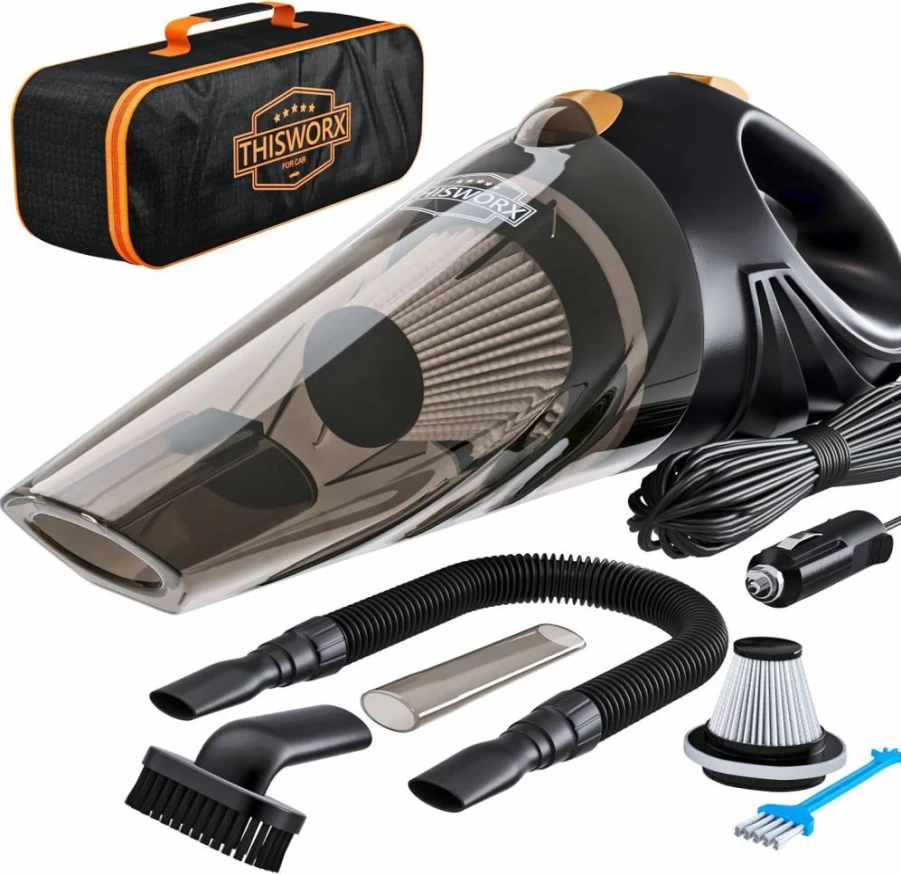 Power Practical Portable Car Vacuum Cleaner - 12V High Power Handheld Vacuum w/ 3 Attachments, 16ft Cord & Storage Bag - Auto Interior Detailing Accessories - Black