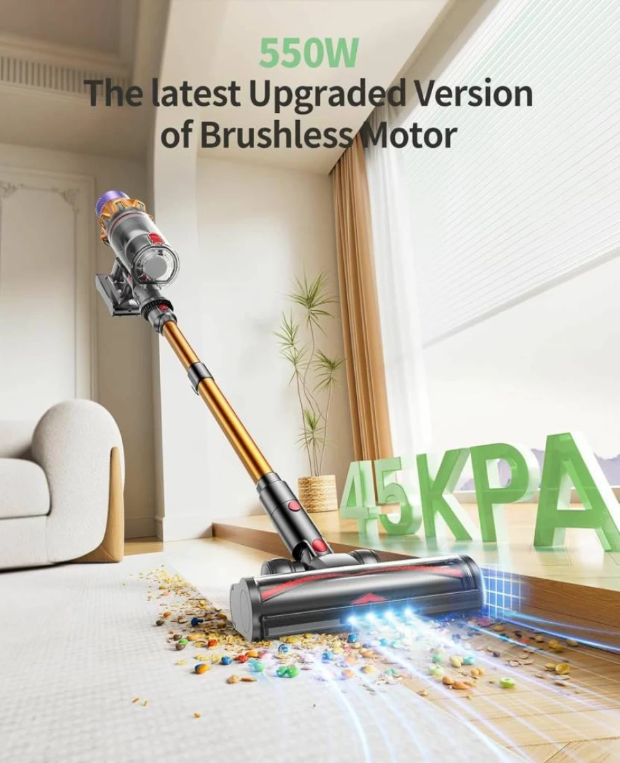 SunSare X7A Cordless Stick Vacuum Cleaner, 550W 45Kpa Powerful Suction, 60Mins Runtime, Touch Screen, Self-Standing, Wall Mount Charging, Lightweight for Pet Hair, Carpets, Hard Floors