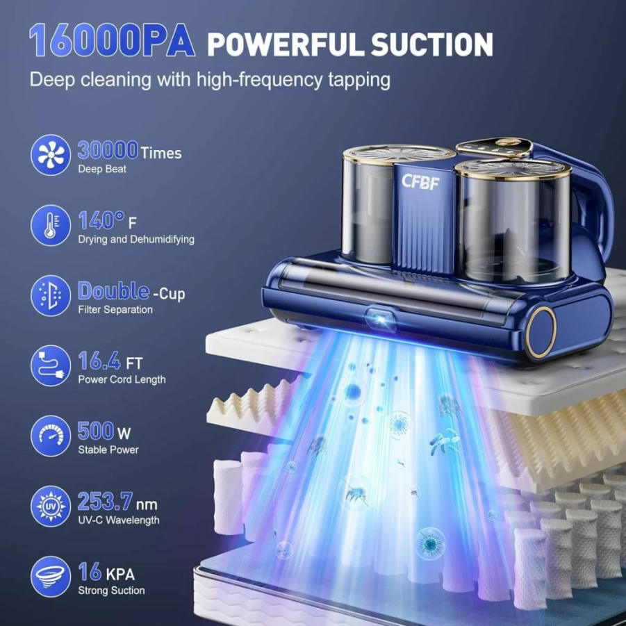 CFBF 500W Powerful Mattress Vacuum Cleaner with UV-C Light, 16Kpa Suction, Ultrasonic & High Heat for Bed, Sofa, Couch - 16.4Ft Corded Handheld Dust Mite Remover