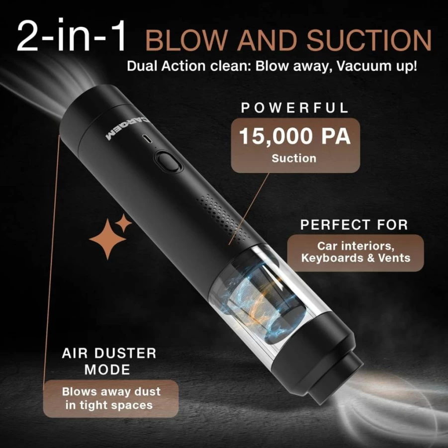 CARGEM Cordless Car Vacuum Cleaner - 15000Pa Handheld Vacuum with 4 Attachments, 2-in-1 Blow & Suction, Dual Filters - Portable for Car, Home, Office