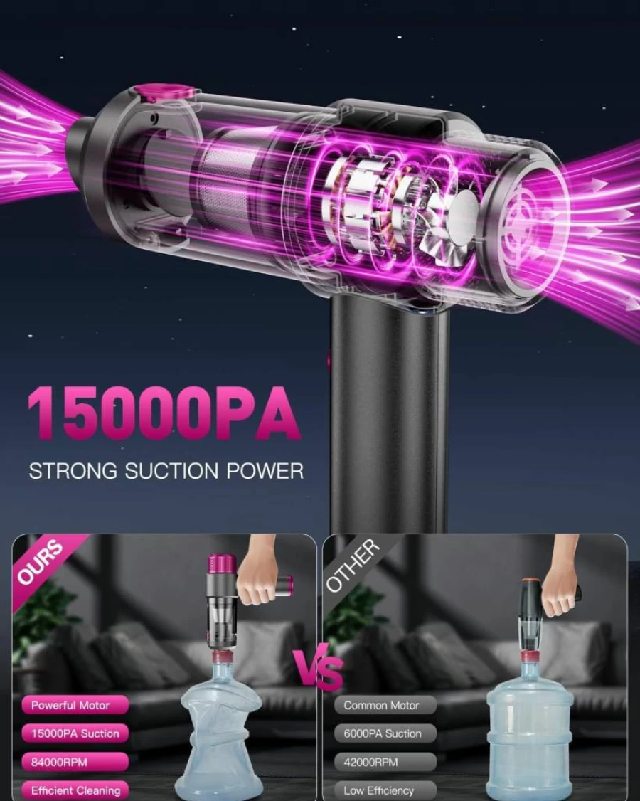 EYYA Cordless Handheld Car Vacuum Cleaner - 15000Pa Powerful 4-in-1 Portable Vacuum for Car, Home & Office with LED Light | High-Power Air Duster | Mini Car Vacuum Cleaner