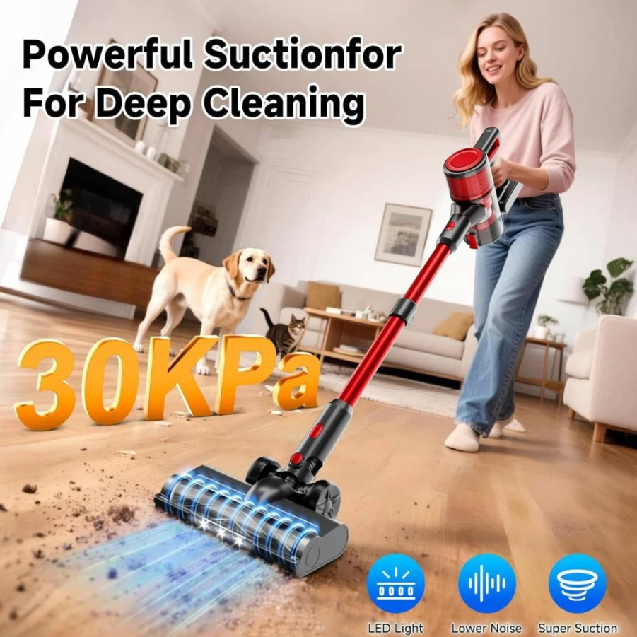 BSNAW Cordless Stick Vacuum Cleaner - 30Kpa Powerful Suction, 45Min Runtime, 8-in-1 Lightweight Handheld Vacuum for Pet Hair, Hard Floors & Carpets, Rechargeable Battery, White