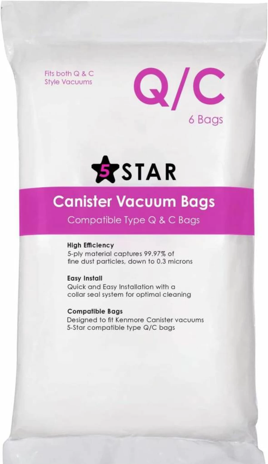 6-Pack 5-Star HEPA Replacement Vacuum Bags for Kenmore & Sears Canister Vacuums - Compatible with Models 5055, 50557, 50558, 53291 - Replaces Part 53292 - Type Q/C Filter Bags