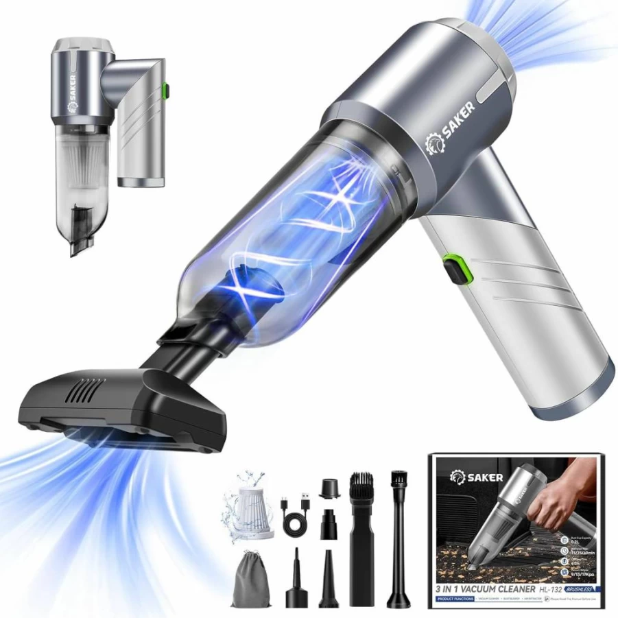 Saker HL132 Cordless Handheld Vacuum Cleaner - 17000Pa Powerful Portable Rechargeable Mini Vacuum with Brushless Motor, Foldable Design for Home, Office, Car, Pet Hair - Ideal Gift for Father's Day (Black)