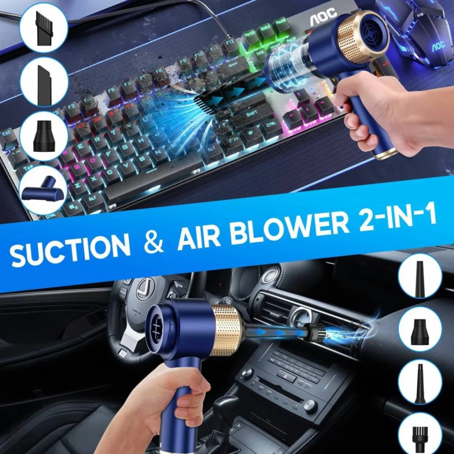 JONYJ 16000Pa Cordless Handheld Vacuum Cleaner, 2-in-1 Portable Air Duster and Car Vacuum with LED Light, 120W High Power Mini Vacuum for Home, Pet Hair, Office Cleaning, Multi-Nozzle Attachments