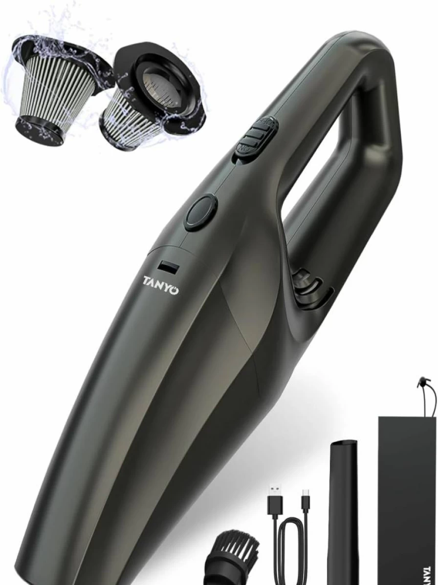 TANYO Cordless Handheld Car Vacuum Cleaner - 12000Pa Strong Suction, Rechargeable, HEPA Filter, Brushless Motor, Portable for Home & Office (Golden Black)