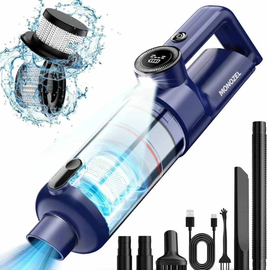 MONOZEL Cordless Handheld Vacuum Cleaner - 15000Pa Strong Suction, Brushless Motor, LED Light, Type-C Charging, 2 Filters, Portable for Car, Home, Pet Hair