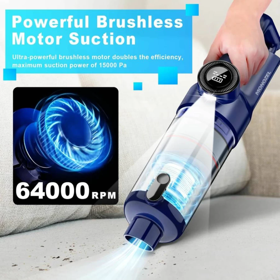 MONOZEL Cordless Handheld Vacuum Cleaner - 15000Pa Strong Suction, Brushless Motor, LED Light, Type-C Charging, 2 Filters, Portable for Car, Home, Pet Hair