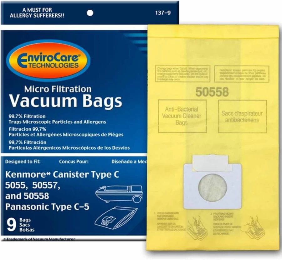 EnviroCare Vacuum Bags 9 Pack - Compatible with Kenmore Canister Models 50555, 50558, 50557 & Panasonic C-5 Type C Vacuums, High-Quality Replacement Filters