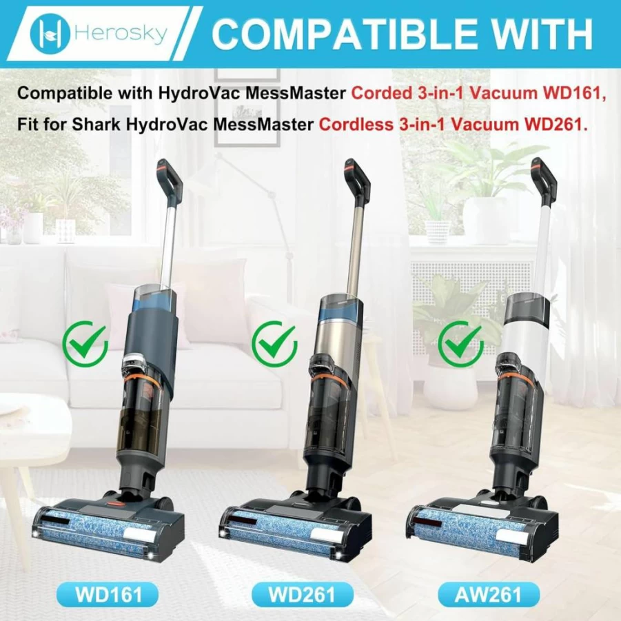 Herosky 6 Foam Filter and 3 Brush Roller Kit Compatible with Shark HydroVac WD161 WD261 AW261 Wet Dry Vacuum Cleaner Replacement Parts