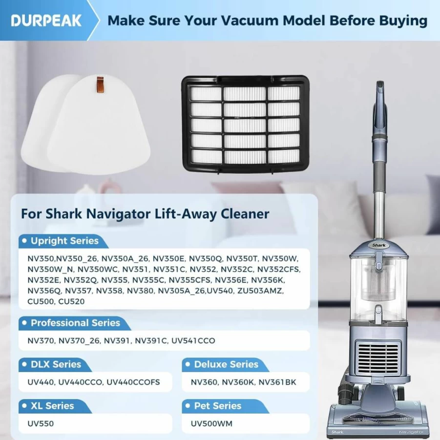 Durpeak HEPA Foam & Felt Filter Replacement Compatible with Shark Navigator NV350 NV351 NV352 NV355 NV360 NV370 UV440 UV490 UV540, 6-Pack (XFF350 XHF350)