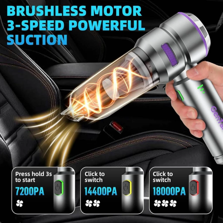 GenTant Cordless Car Vacuum Cleaner, 18000Pa Handheld Vacuum with Brushless Motor, Type-C Charging, 3-in-1 Portable Vacuum for Car, Home, Office, Pet Hair, High Power Air Duster