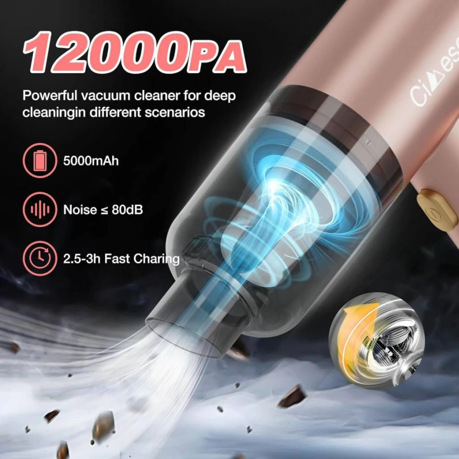 Cimesen Cordless Handheld Vacuum Cleaner 12000Pa Powerful 4-in-1 Portable Car Vacuum with Multi-Nozzles, Rechargeable 120W for Home Office Pet Hair Cleaning