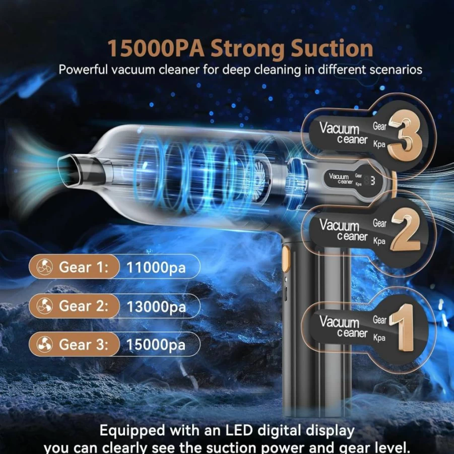 Beautiq Cordless Handheld Car Vacuum Cleaner - 15000Pa Strong Suction, Rechargeable Air Duster Blower for Pet Hair & Dust with LED Display, Portable Mini Vac for Home & Auto
