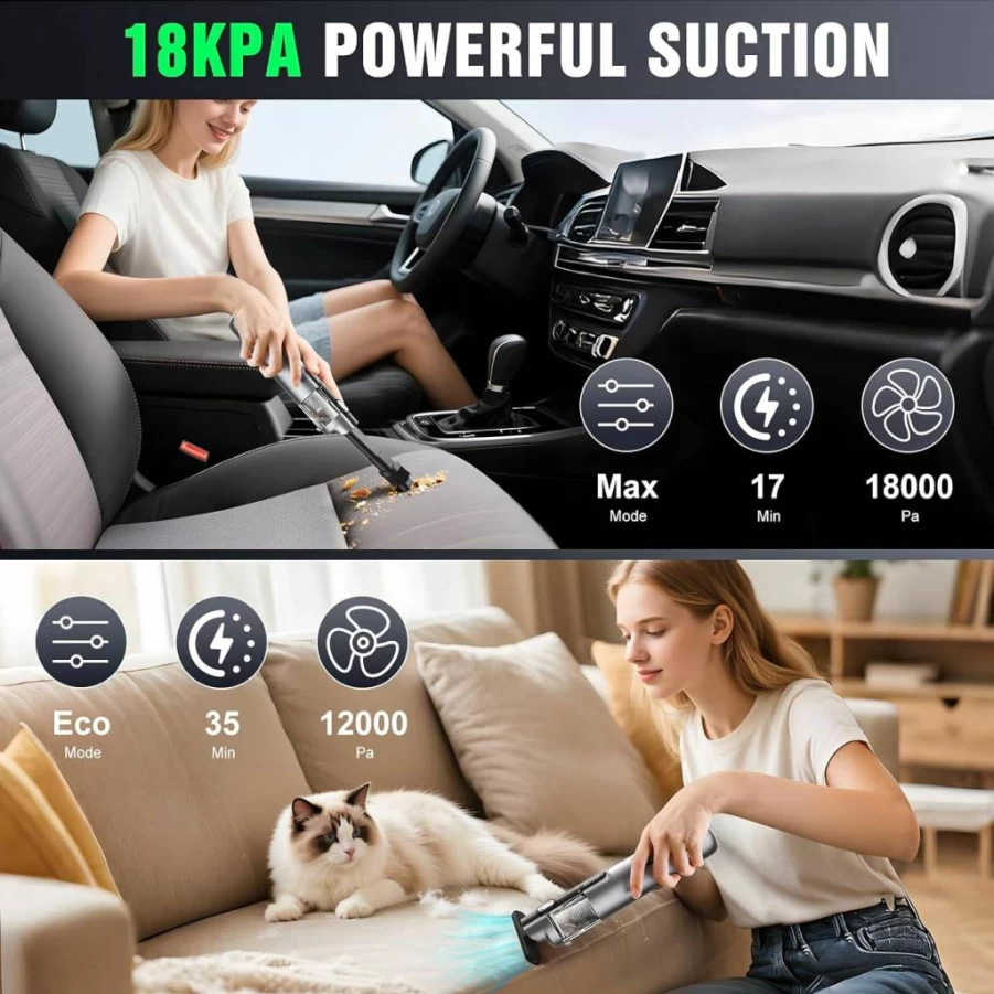JZOOM Cordless Car Vacuum Cleaner - 18000Pa Handheld Vacuum, 2-in-1 Air Duster with LED Light, 4 Attachments for Car, Home & Office (Portable, Rechargeable)