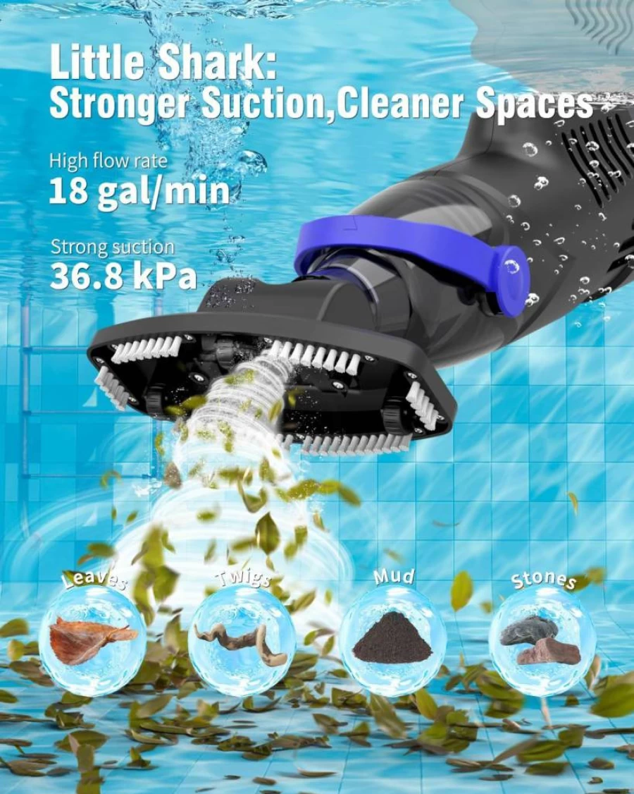 Wuwo Little Shark Cordless Pool Vacuum - 60W Motor, 18 GPM Suction, 5000mAh Battery (1H Runtime), Compact & Lightweight for Above Ground Pools & Hot Tubs