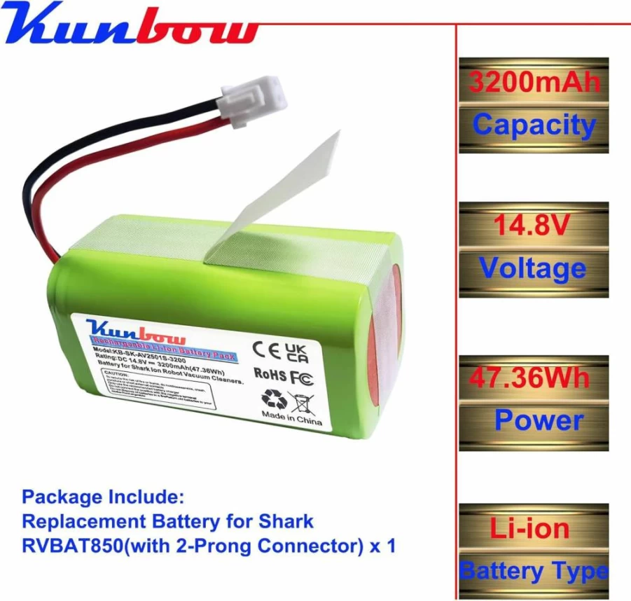 Kunbow 3200mAh Replacement Battery for Shark Ion R75, R85, RV850, S87, AV752, AV751, RV761, RV851WV, RV871, RV1000S, RV1100VL, RV101AE, Shark AI Robot Pro RV2001WD, AV2501S Vacuum Cleaners