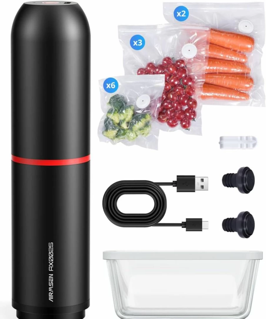 AIRMSEN Portable Handheld Vacuum Sealer Kit with 11 Reusable Sous Vide Bags & 2 Wine Savers for Food Preservation and Storage