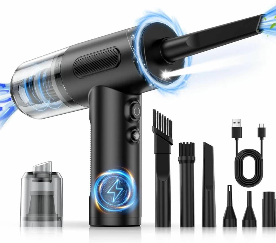 KOPIDOE Electric Air Duster & Car Vacuum - 100,000 RPM High-Speed Blower, 3-Speed Adjustable Keyboard Cleaner with LED Light & 10 Nozzle Attachments for Computer, Car, Electronics (Black)
