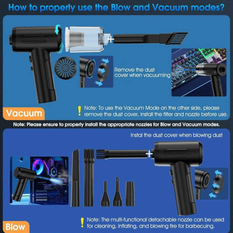 KOPIDOE Electric Air Duster & Car Vacuum - 100,000 RPM High-Speed Blower, 3-Speed Adjustable Keyboard Cleaner with LED Light & 10 Nozzle Attachments for Computer, Car, Electronics (Black)