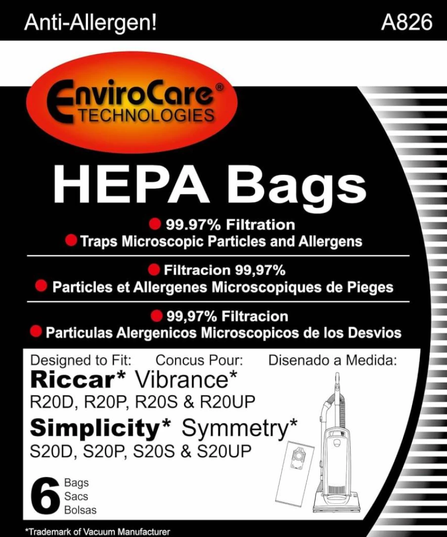 EnviroCare HEPA Vacuum Bags - 6 Pack Compatible with Riccar Vibrance & Simplicity Symmetry Upright Vacuums