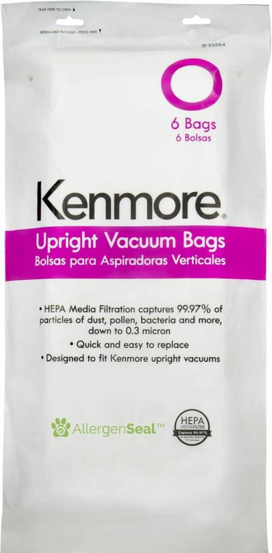 Kenmore 53294 HEPA Cloth Vacuum Bags, 6-Pack Compatible with Kenmore Upright Vacuum Cleaners, Style O Replacement Filters