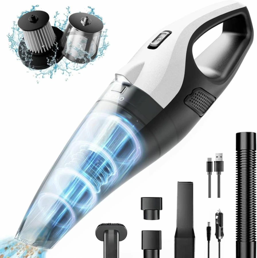 OLDAO Cordless Handheld Vacuum Cleaner for Car and Home - 15000Pa Strong Suction, LED Light, 5 Attachments, Portable Rechargeable Car Vacuum for Pet Hair, Black & White