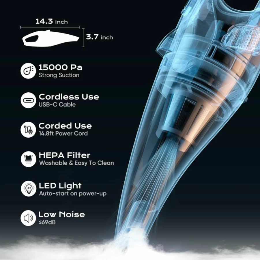 OLDAO Cordless Handheld Vacuum Cleaner for Car and Home - 15000Pa Strong Suction, LED Light, 5 Attachments, Portable Rechargeable Car Vacuum for Pet Hair, Black & White