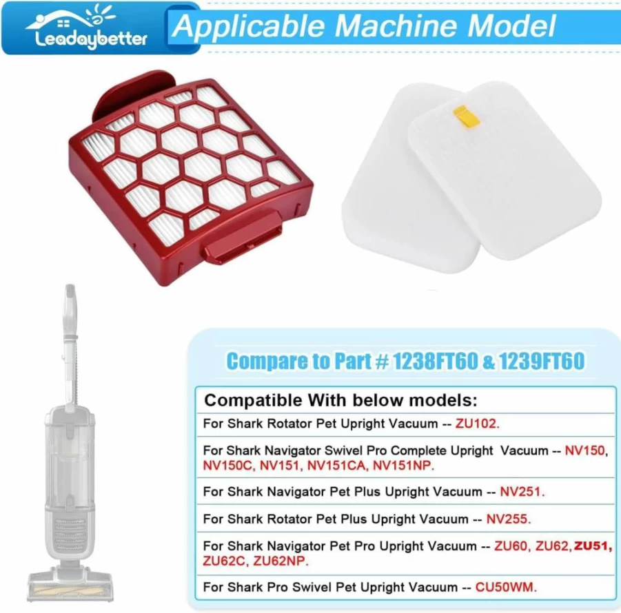 Leadaybetter Vacuum Filter Replacement Compatible with Shark Rotator NV255, Navigator Pet Plus ZU55, NV150 NV151 NV251, Zero-M Self-Cleaning Brushroll Pet Pro ZU102 ZU60 ZU62 ZU62C, Replaces Part # 1238FT60 & 1239FT60