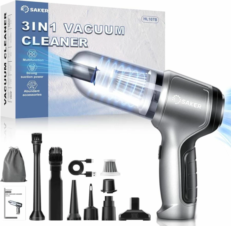 Saker HL107B Cordless Handheld Car Vacuum Cleaner - 15000Pa High Power, 3-in-1 Portable Vacuum with Brushless Motor, USB-C Charging for Auto, Home, Office Cleaning