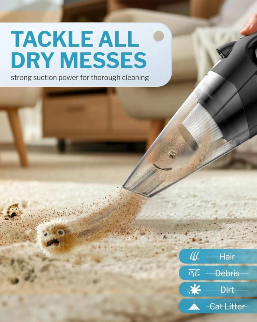 Powools Cordless Handheld Vacuum Cleaner - High Power, Fast Charge, Portable with 2 Filters & Large-Capacity Battery, Orange, 14.3"X4.6"X4.0" for Car and Home Use