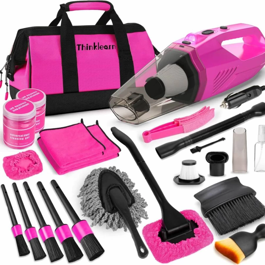 ThinkLearn High Power Handheld Car Vacuum Cleaner Kit with 7Pcs Detailing Brushes, Windshield Cleaner & Accessories for Interior Detailing - Pink Car Cleaning Set for Women