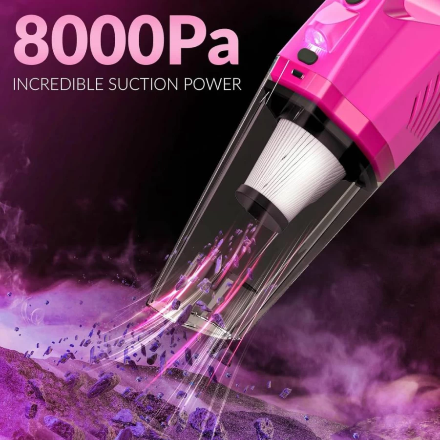 ThinkLearn High Power Handheld Car Vacuum Cleaner Kit with 7Pcs Detailing Brushes, Windshield Cleaner & Accessories for Interior Detailing - Pink Car Cleaning Set for Women