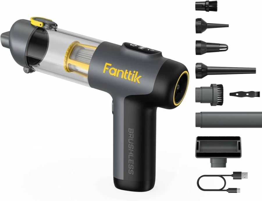 Fanttik Slim V9 Mix Cordless Car Vacuum - 4-in-1 Handheld Air Duster with 12000Pa Suction, Smart LED Display, Portable Mini Keyboard Cleaner for Car & Office