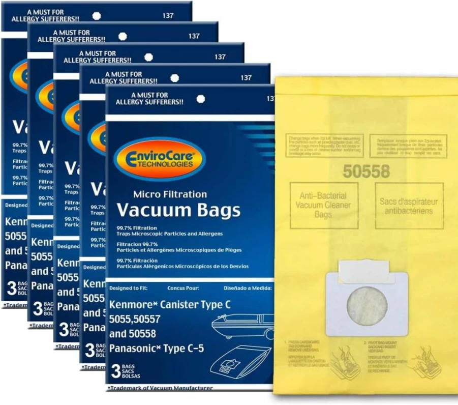 EnviroCare 15 Pack Vacuum Bags Compatible With Kenmore Canister 5055, 50557, 50558 & Panasonic C-5 Vacuums | Replacement Filters for Type C/Q Models