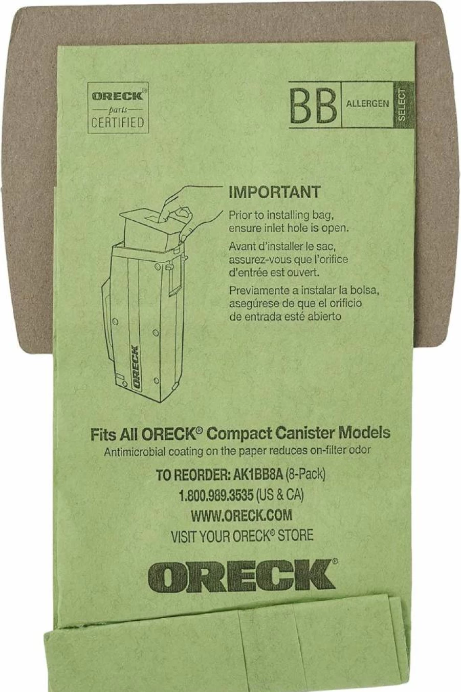 Oreck BB Type Vacuum Bags for Buster B Canister Vacs - 8 Pack Green Refill, Part # AK1BB8A, OEM Replacement