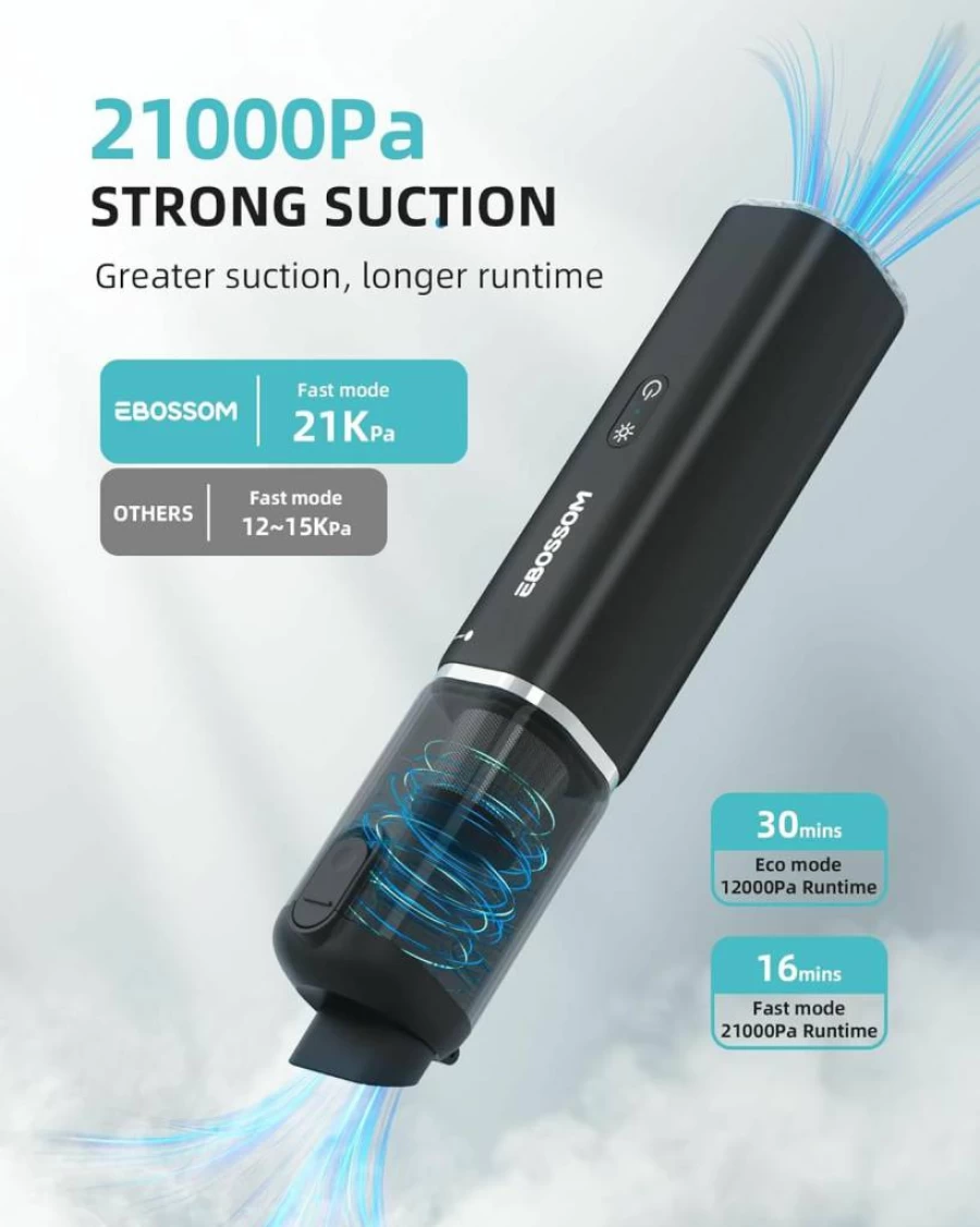 EBOSSOM Cordless Car Vacuum Cleaner 21000Pa High Power, 4-in-1 Handheld Vacuum with LED Light for Car, Home, Pet Hair, Portable Aspiradora Para Auto & Office