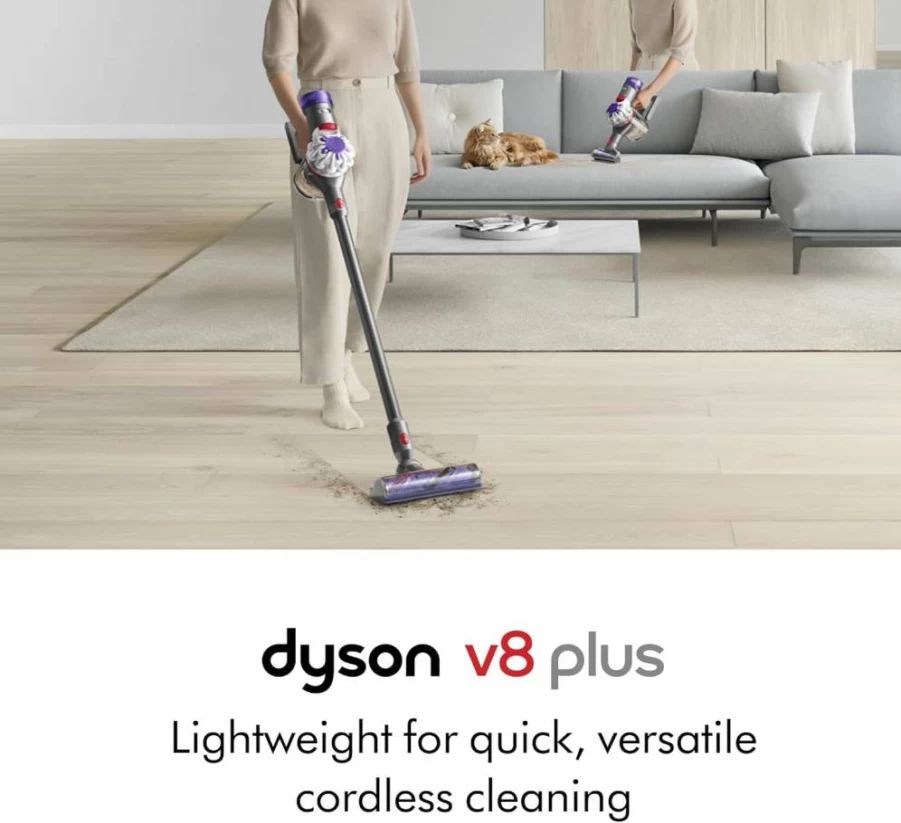 Dyson V8 Plus Cordless Stick Vacuum Cleaner, Silver/Nickel, Lightweight & Powerful for Pet Hair, Hard Floors & Carpets