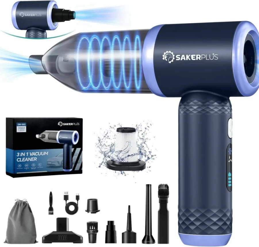 SakerPlus Cordless Handheld Vacuum Cleaner - 13000Pa High Power, 3-in-1 Portable Mini Vacuum for Car & Home, Brushless Motor, Adjustable Desktop Cleaner DBS03