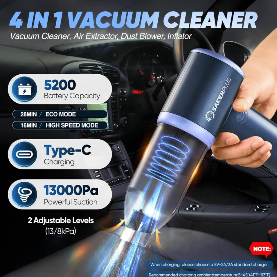 SakerPlus Cordless Handheld Vacuum Cleaner - 13000Pa High Power, 3-in-1 Portable Mini Vacuum for Car & Home, Brushless Motor, Adjustable Desktop Cleaner DBS03