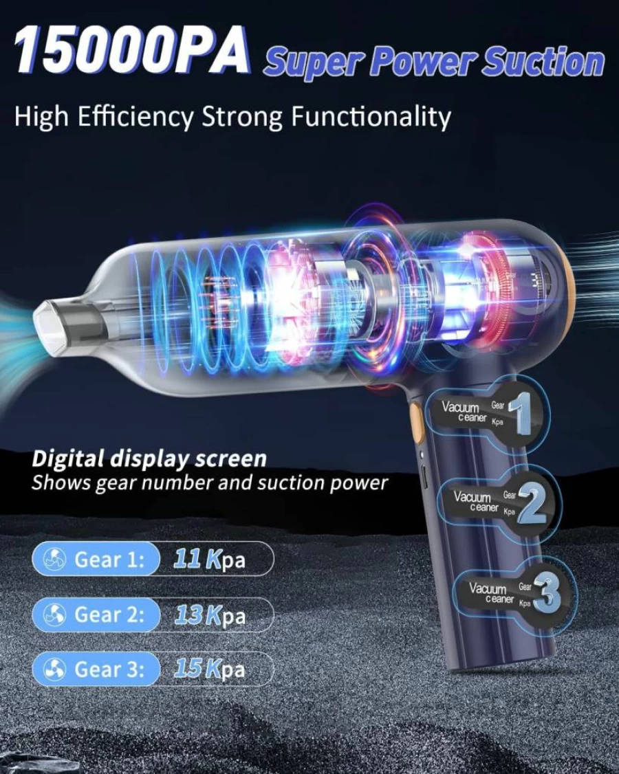 Musclez Cordless Car Vacuum Cleaner - 15000Pa Portable Handheld Vacuum with LED Display, Wireless Air Blower for Pet Hair, Home, Office (Blue) Rechargeable Dust Buster