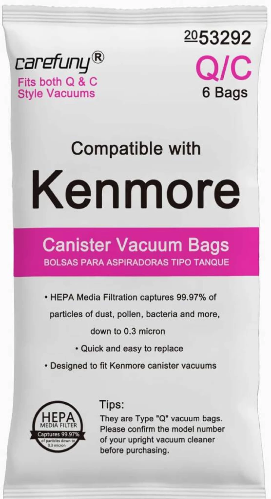 6 Pack CAREFUNY Type Q HEPA Canister Vacuum Bags - Compatible with Kenmore 81214, 81414, 81614, 81615, 81714, 21814, BC7005, BC3005, BC2005 - Replacement for Model 53292