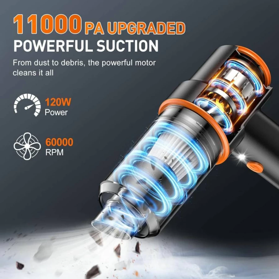 KMM 9000Pa Handheld Vacuum Cleaner - 120W Powerful Cordless Car Vacuum with LED Light, Multi-Attachments for Home, Office, Pet Hair Cleaning