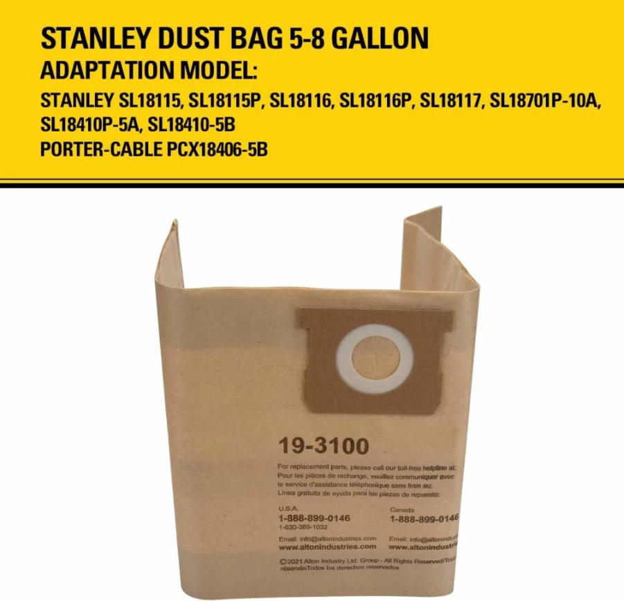 STANLEY 19-3100 Disposable Filter Bag for Wet/Dry Vacuums, 5-8 Gallon Capacity, Pack of 3, by Alton Enterprises Limited