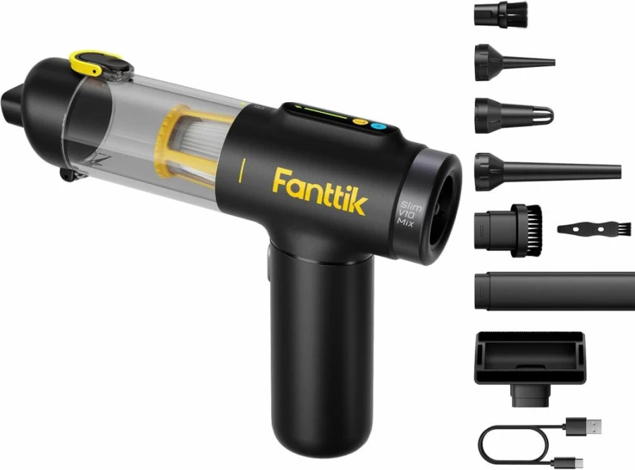 Fanttik Slim V10 Cordless Car Vacuum Cleaner - 4-in-1 Handheld Vacuum & Air Duster with Smart LED Display, 16Kpa Powerful Suction, Portable for Car, Home, Office
