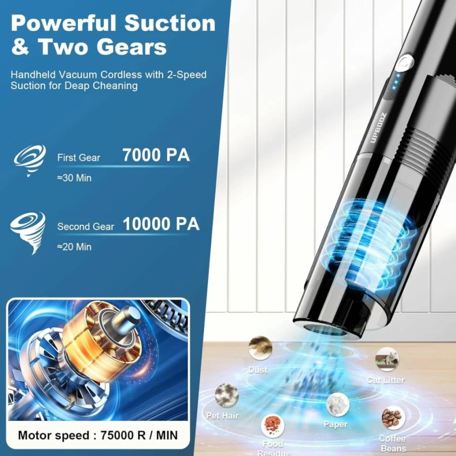 Upbooz Cordless Handheld Vacuum Cleaner - 10Kpa Powerful Suction, 2-Speed, Lightweight 4-in-1 for Car, Home, Pet Hair, Office with Charging Dock