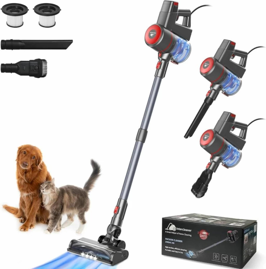 Intercleaner Corded Stick Vacuum Cleaner - 400W Motor, 15Kpa Powerful Suction, Lightweight 12-in-1 for Hardwood Floors, Carpets & Pet Hair, Ultra Quiet with Handheld Mode