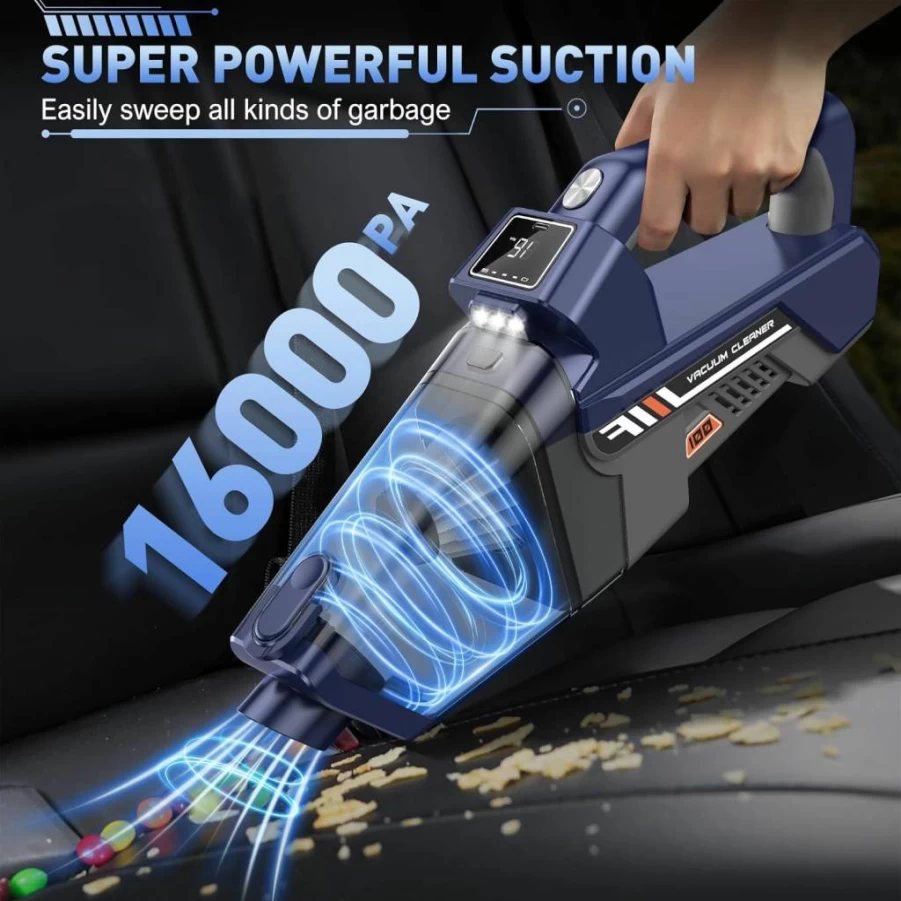 JONYJ Cordless Handheld Vacuum Cleaner 16000Pa, Rechargeable Car Vacuum with LED Light & Multi-Nozzles, Portable Dust Buster for Home, Car, Office, Pet Hair