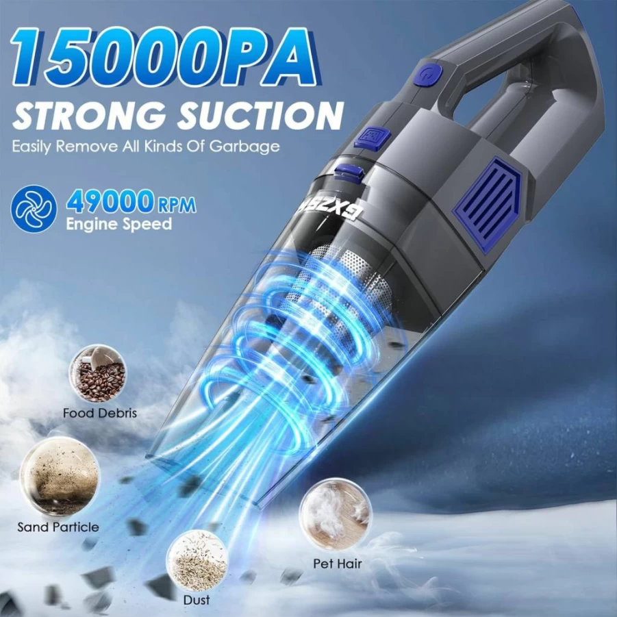 Gxzsk Cordless Handheld Vacuum Cleaner - 15000Pa Strong Suction, Rechargeable & Portable with Multi-Nozzles, Washable Filter for Car, Home, Pet Hair