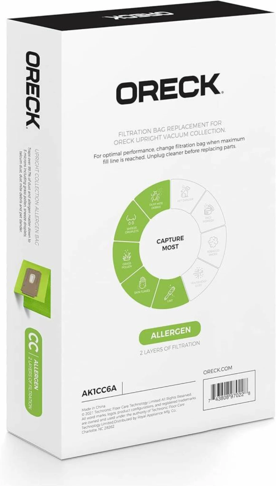 Oreck AK1CC6A Type CC Vacuum Bags, 6-Pack - Allergen Filtration, Green, Compatible with Oreck Upright Vacuums